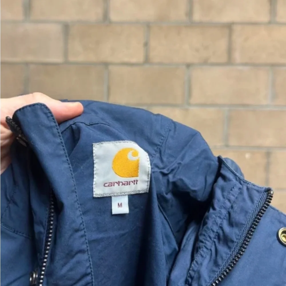 Carhartt Navy Hooded Raincoat with Yellow Front Pockets